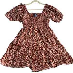Angie Rust Floral Smocked Mini Dress V-Neck Flutter Sleeve Boho Tiered Size XL